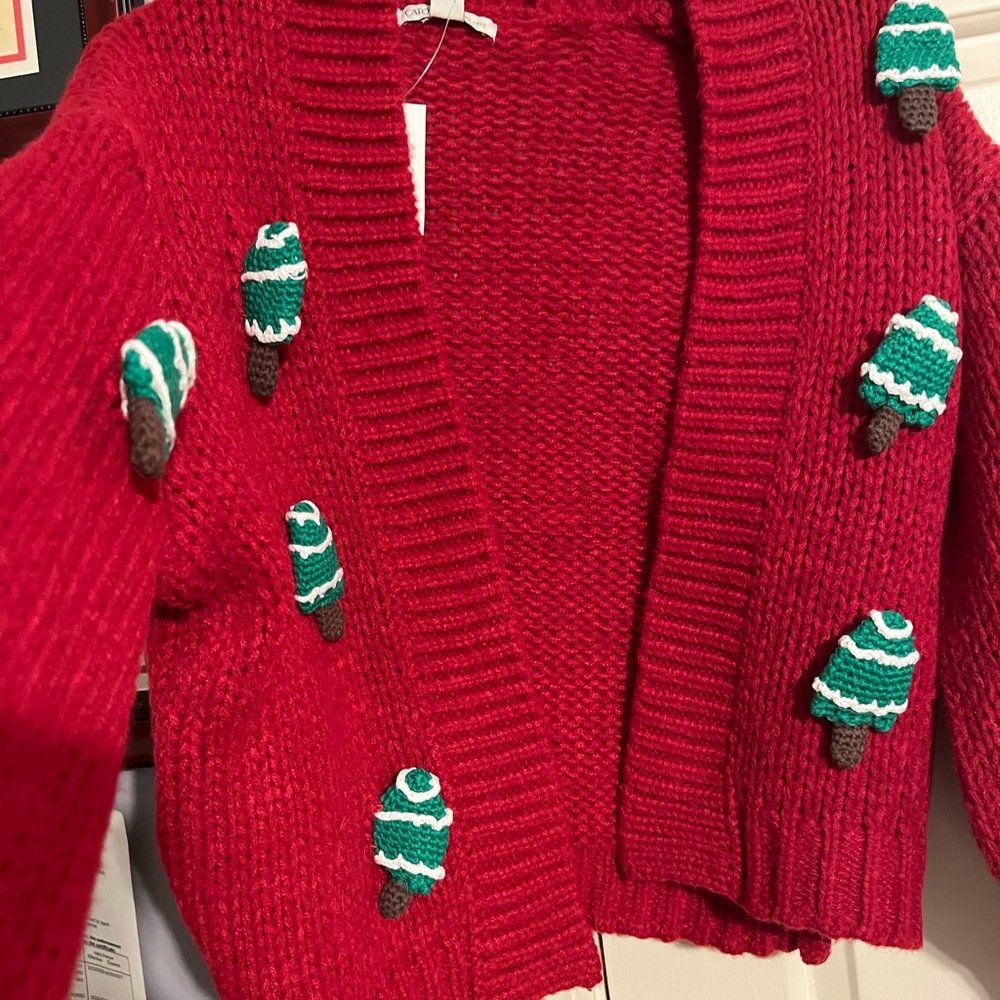 Red Cardigan with Green and Brown Tree Accents